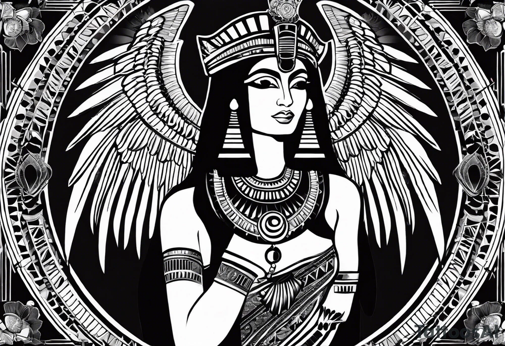 black and white Egyptian goddess Isis, who is often depicted as a woman with outstretched wings, holding an ankh (a symbol of life) in one hand and a lotus flower in the other. Her headdress often includes a throne or a solar disk. The tattoo design can vary in style and size, but it typically aims to capture the essence of this revered Egyptian deity, emphasizing her beauty, power, and maternal qualities. The choice of colors and additional elements can also be customized to create a unique and visually striking representation of the goddess Isis tattoo idea