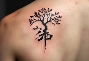 家 (jiā, “family”) in earthy brown is placed near a tree symbol for roots and legacy. tattoo idea