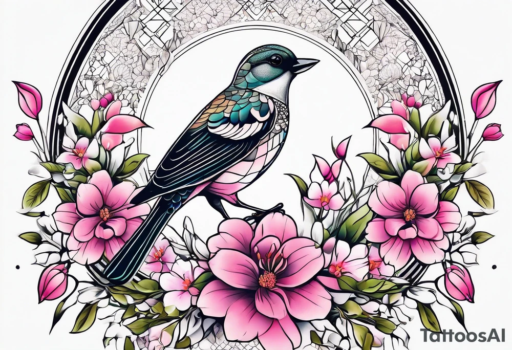 Small Pink flowers with decorative dott pattern, a bird and libra tattoo idea