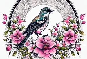 Small Pink flowers with decorative dott pattern, a bird and libra tattoo idea