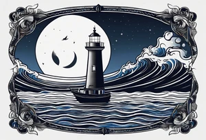 bateau, phare maritime et lune bleu.délicat,minimaliste.phoenix. tattoo idea