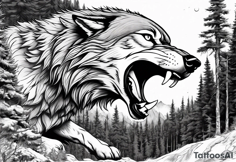 Detailed powerful angry AlphaWolf in Front of a scary forest tattoo idea