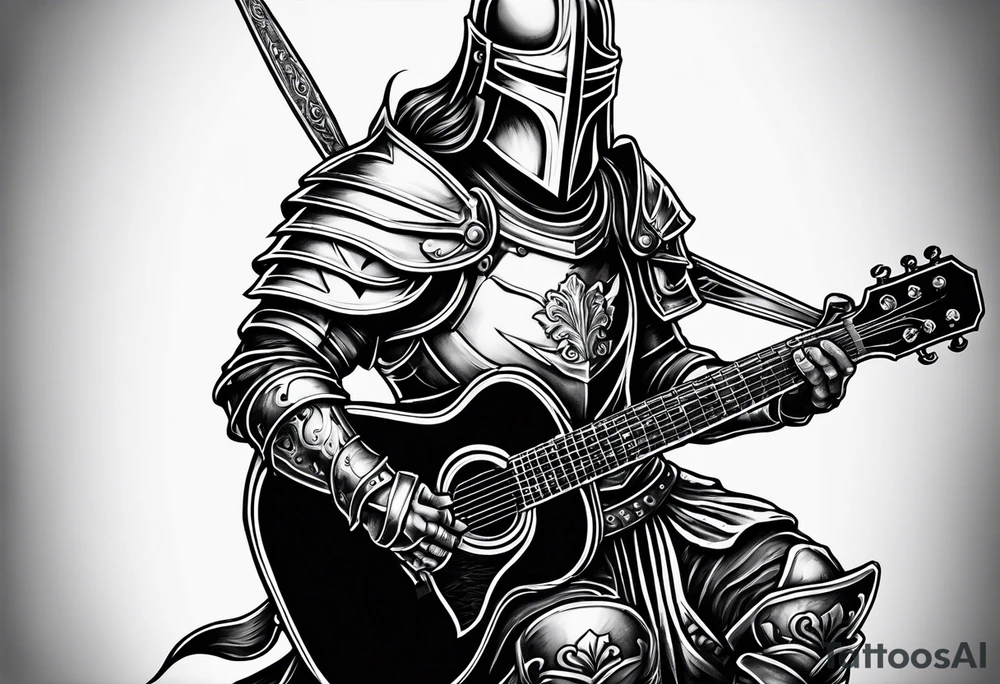 Armor of God knight holding sword and acoustic 
guitar tattoo idea