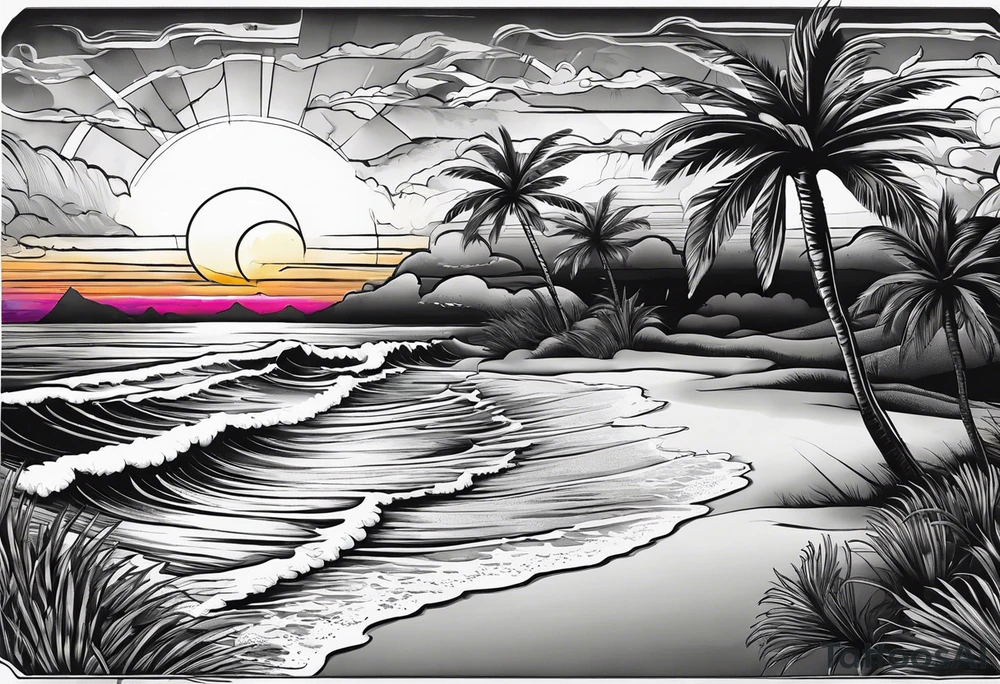 Sunset on beach palm trees tattoo idea