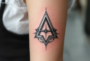 A sharp angular "A" in metallic silver with black geometric accents. tattoo idea
