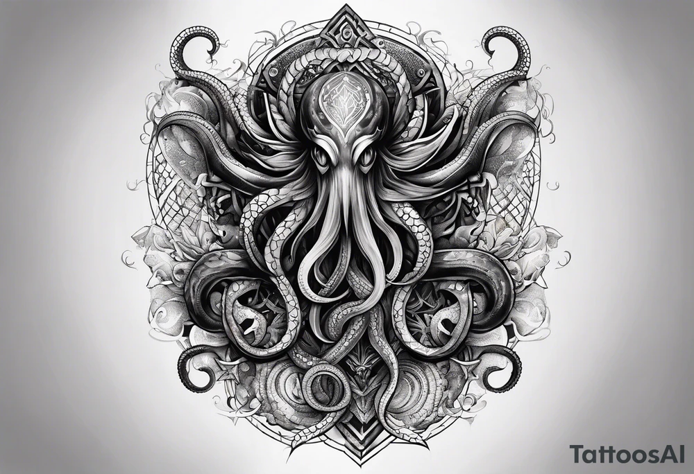 Long tattoo for forearm. Lovecraftian creature, with technological elements. Tentacles protect a heart. tattoo idea