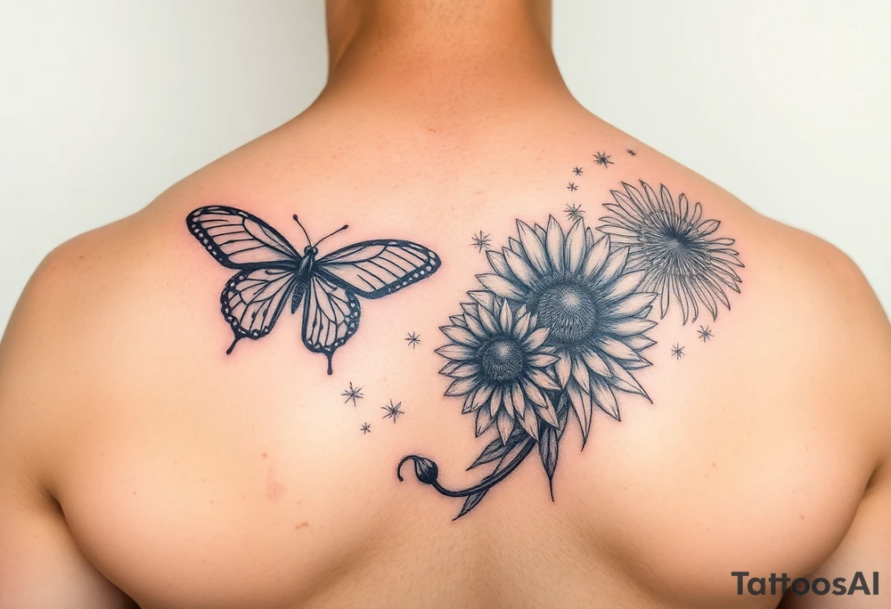 Lion, butterfly, Dahlia, dandelion tattoo idea