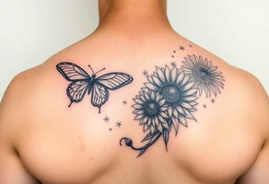 Lion, butterfly, Dahlia, dandelion tattoo idea