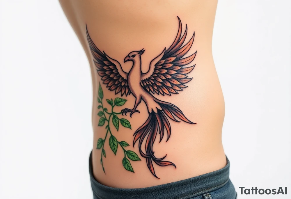 Artistic Style: A blend of fine-line realism and organic abstraction to capture both anatomical detail and spiritual essence.

Color Palette: Earth tones (greens, browns) for the vine and natural elements; vibrant hues (green, purples, golds) for the phoenix to signify vitality and transformation.

Flow & Composition: The design should flow naturally with your body's contours, creating a harmonious and dynamic piece that accentuates your form. 

Placement & Coverage

Starting Point: Approximately 2–3 inches below the armpit on the side torso.

Coverage Path: Extending across the lower abdomen to cover the C-section scar, then flowing down the opposite hip toward the upper tattoo idea