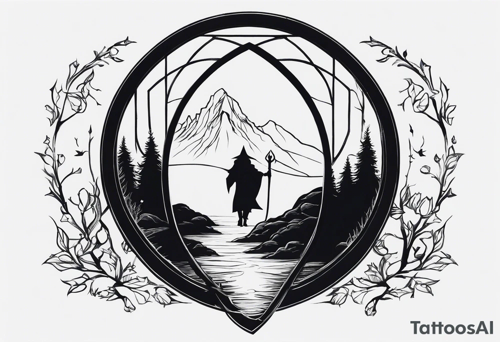 Lord of the rings with Harry Potter incorporated but clear visual of both movies. Small dainty and minimal. Something like the hobbit door with deathly hallows. tattoo idea