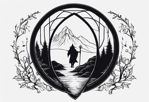 Lord of the rings with Harry Potter incorporated but clear visual of both movies. Small dainty and minimal. Something like the hobbit door with deathly hallows. tattoo idea