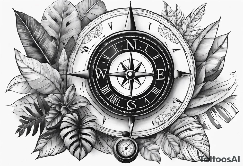 sleeve tattoo with jungle plants, compass, all-seeing eye tattoo idea