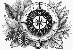 sleeve tattoo with jungle plants, compass, all-seeing eye tattoo idea