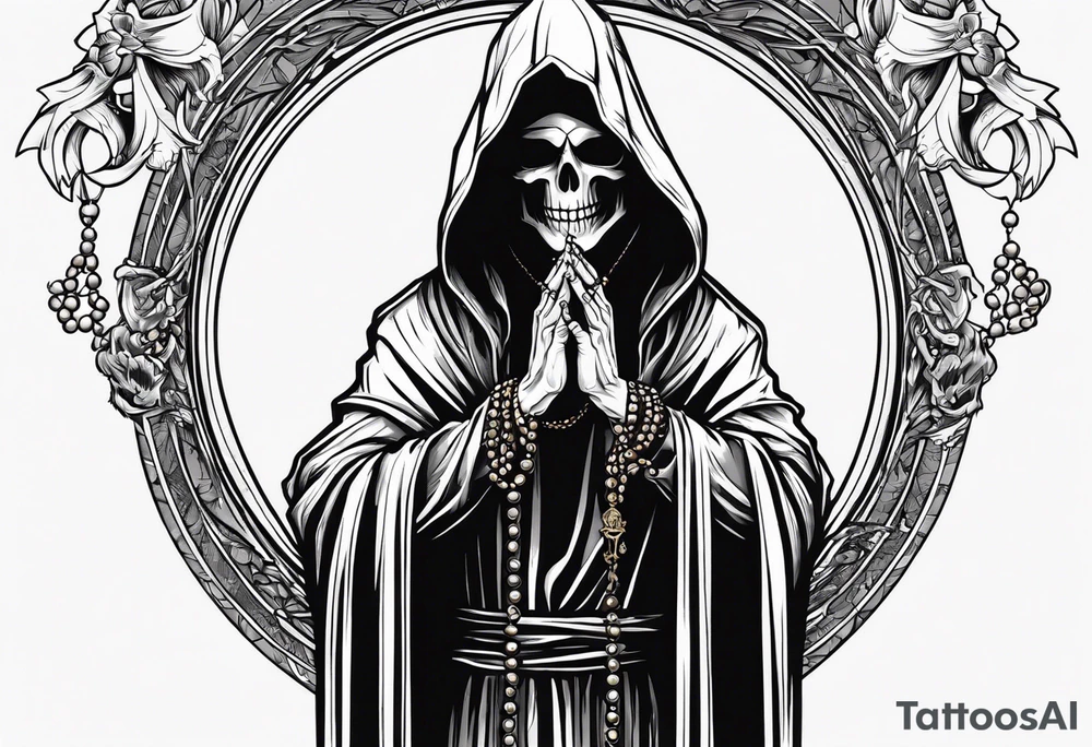 The grim reaper with praying hands and rosary rapped around his hands while he’s standing standing side ways tattoo idea