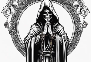 The grim reaper with praying hands and rosary rapped around his hands while he’s standing standing side ways tattoo idea