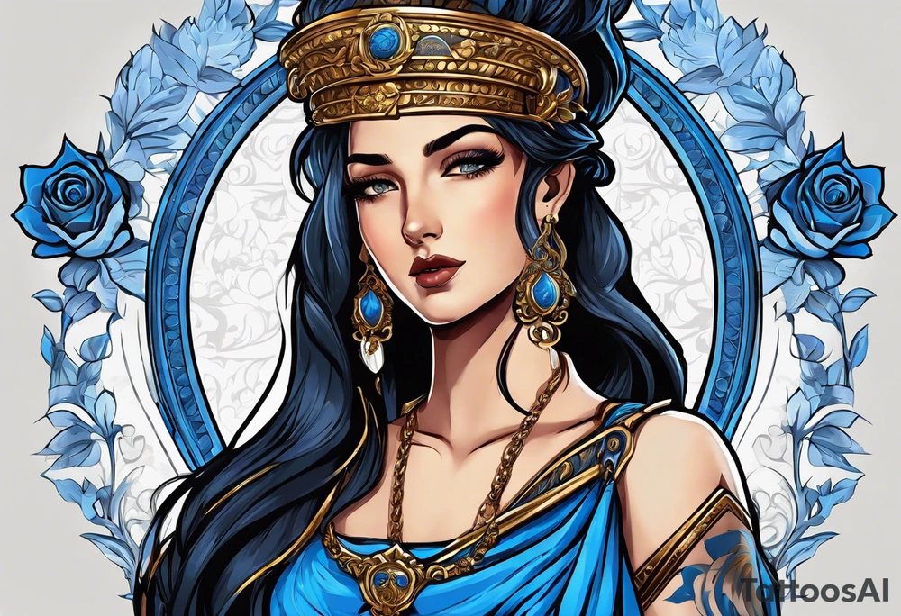 ancient rome clothes ,women,,ancient scale in one hand, blue rose frames, ladies justicia ,keeps  scale tattoo idea