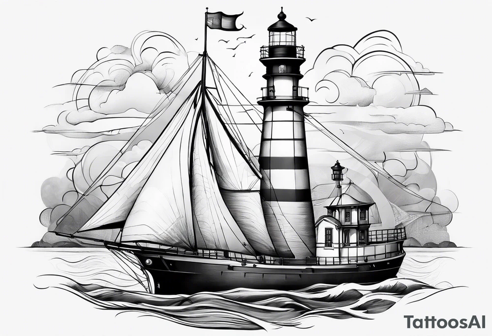 maritime lighthouse with 2 large sails attached. tattoo idea