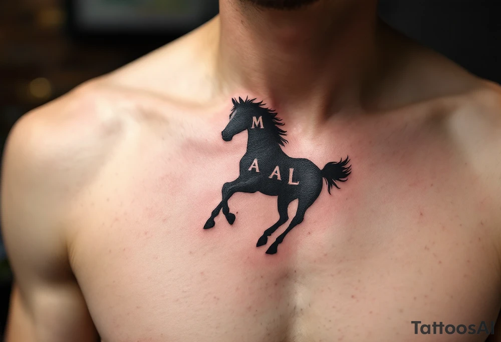 horse silhouette 
from the front which gallops from the front, with the 3 small letters discreetly integrated: M, A, L tattoo idea