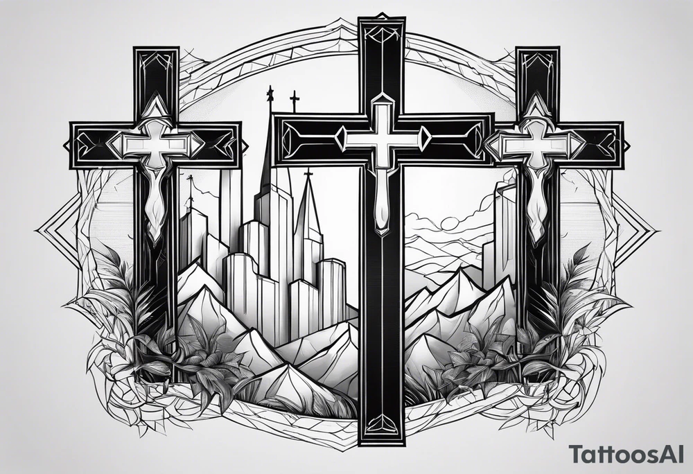 Calvary three crosses geometric tattoo idea