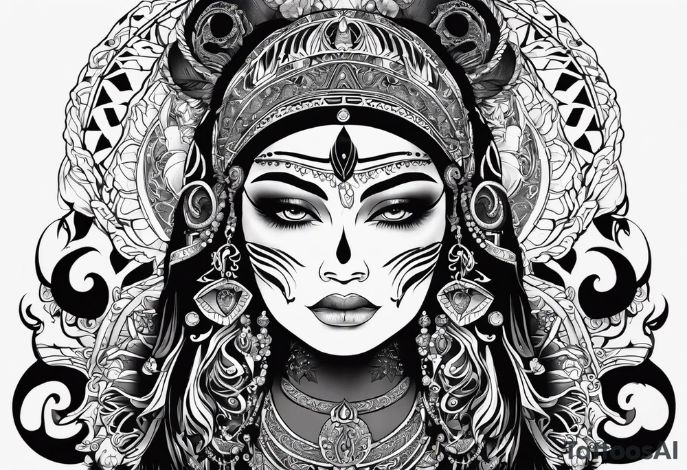 kali ma, alien goddess, valkrye, aries, cosmic pirate, divine feminine, zenza resonance, pachamama, lotus azul, blank panther, eagle, skull, 5D, nueva gaya, dna 12, left side chest tatoo tattoo idea