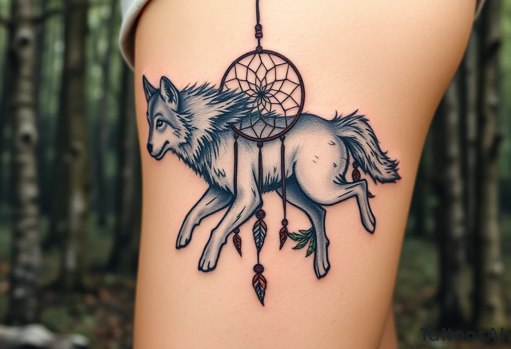 A wolf running through the woods, with dreamcatcher rings woven into the landscape. The wolf’s fur is shaded in shades of gray and white, while the dreamcatcher is adorned with green leaves and earthy brown tones tattoo idea