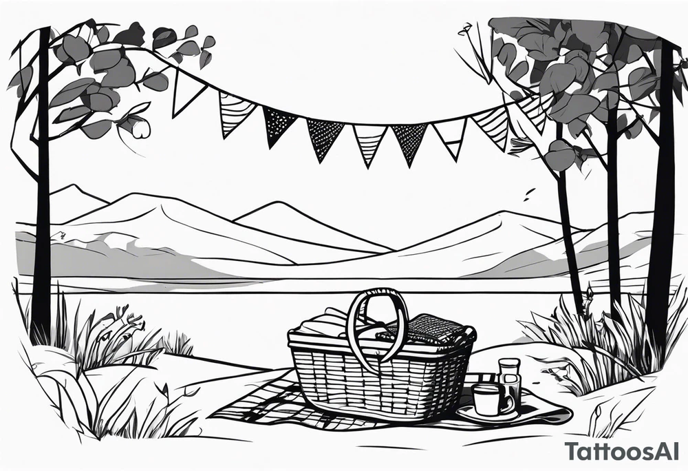 picnic scene in nature. A blanket on the ground with one picnic-basket, one backpack, pillows and party pennants. Thin lines. tattoo idea