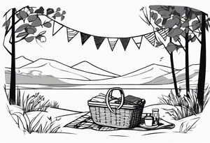 picnic scene in nature. A blanket on the ground with one picnic-basket, one backpack, pillows and party pennants. Thin lines. tattoo idea