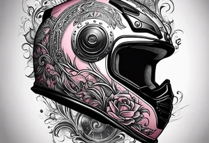 casque pompier, date et heure de naissance, rose, moto,  sur le bras complet tattoo idea