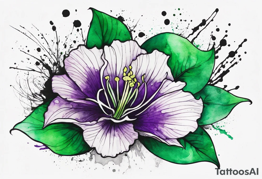 An outline of a green rio dipladenia flower and a green and purple watercolor splash in the background tattoo idea