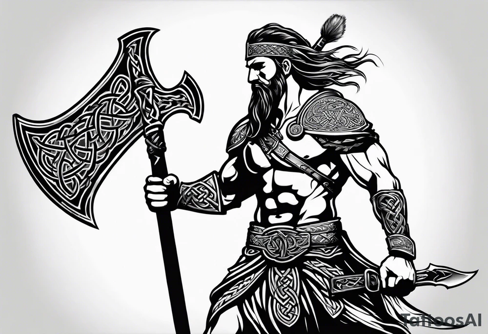 Full body side profile of
Celtic warrior with an axe in one hand and a sword in the other walking into battle tattoo idea