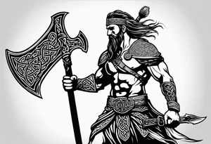 Full body side profile of
Celtic warrior with an axe in one hand and a sword in the other walking into battle tattoo idea