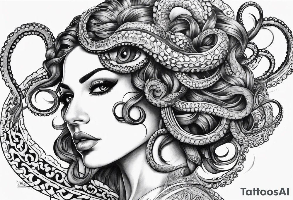 Middle eastern Medusa tattoo with a beautiful face only showing from the nose up. Octopus tentacles for hair tattoo idea