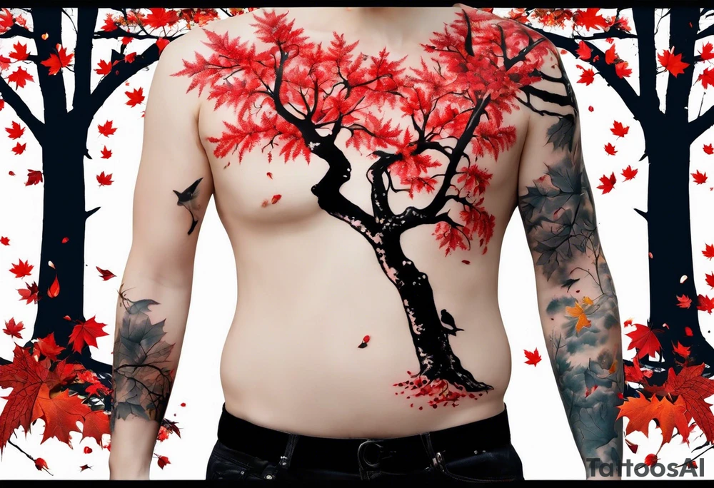 trash polka style. Arm tattoo. chest tattoo. Long tattoo. large tattoo. Full sleeve. Shoulder. A single large maple tree with red autumn leaves that branches upwards from wrist to shoulder. White-throated dipper bird on the trees branches. Calluna flowers at the base of the trees stem. Leaves falling. tattoo idea