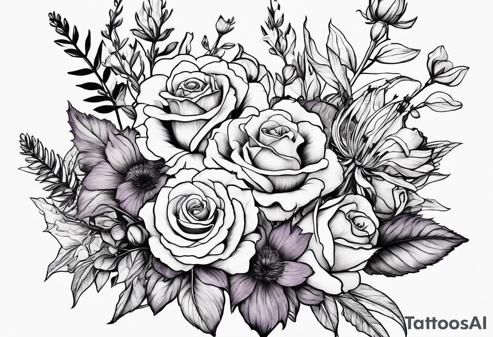 line drawing of a bouquet with a violet, a rose, a larkspur and an aster tattoo idea