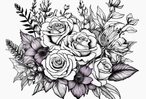 line drawing of a bouquet with a violet, a rose, a larkspur and an aster tattoo idea