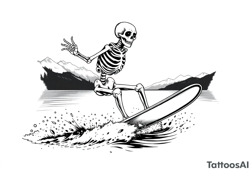 skeleton wakeboarding on lake, holding onto wakeboard handle with one hand, 
mountains in the background tattoo idea