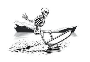 skeleton wakeboarding on lake, holding onto wakeboard handle with one hand, 
mountains in the background tattoo idea