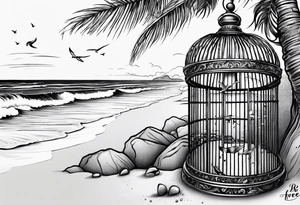 An open birdcage on the beach with the words be free, small enough to be on the wrist tattoo idea