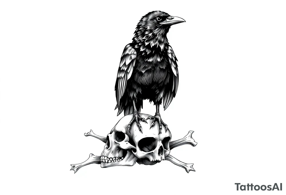 a raven stands on a skull,bones. tattoo idea