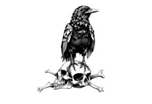 a raven stands on a skull,bones. tattoo idea