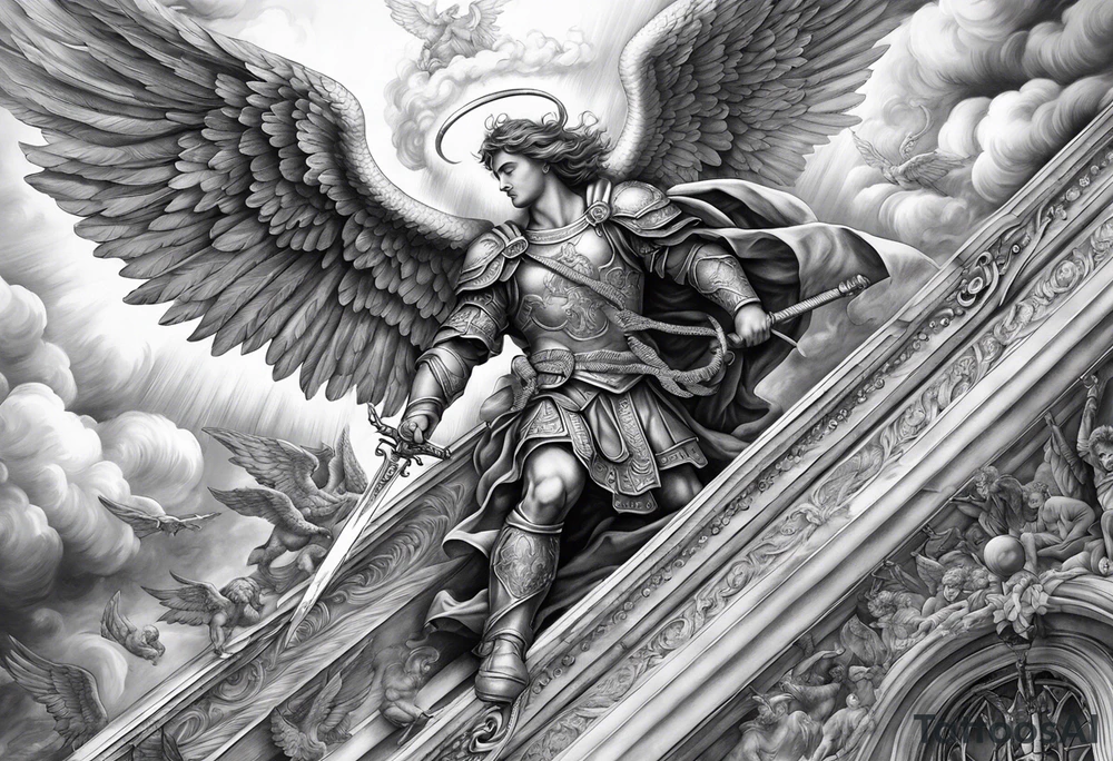 Arm sleeve of St Michael, the archangel, plunging a sword into the devil who is fallen on the stairway to heaven. Angels and demons are fighting all around in the clouds tattoo idea