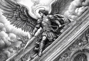 Arm sleeve of St Michael, the archangel, plunging a sword into the devil who is fallen on the stairway to heaven. Angels and demons are fighting all around in the clouds tattoo idea