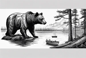 bear head right above the forest line with a lake below with a small fisher boat floating on it, full sleeve tattoo tattoo idea