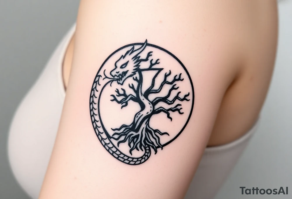 a dragon forming a circle with its body.  the dragon encircles the tree of life.  the dragon is eating the tree. the roots of the tree are strangling the tail of the dragon tattoo idea