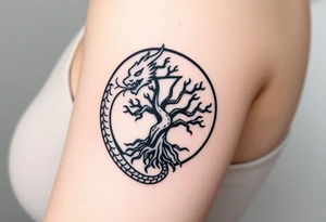 a dragon forming a circle with its body.  the dragon encircles the tree of life.  the dragon is eating the tree. the roots of the tree are strangling the tail of the dragon tattoo idea