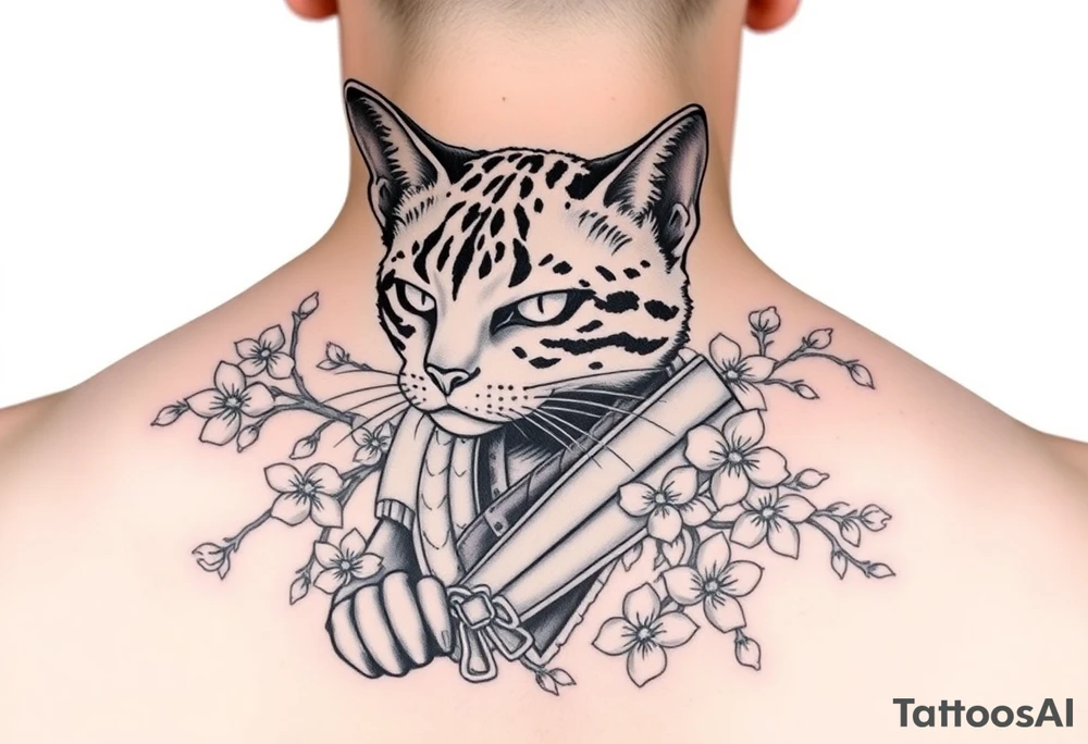 Bengal cat that’s missing one eye , dressed as a Japanese samurai warrior surrounded by cherry blossoms tattoo idea