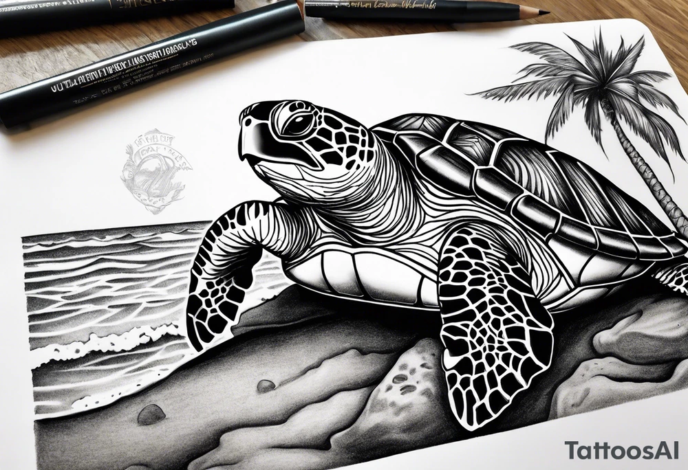 sea turtle, beach, books tattoo idea