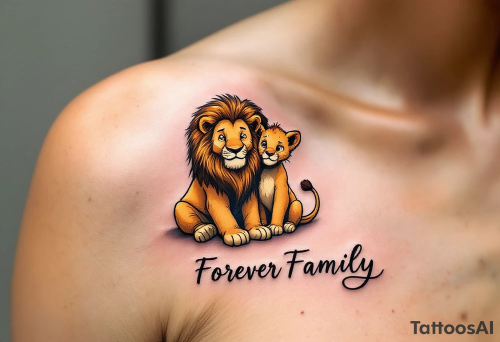 A cartoon-style lion and cub in warm gold and brown tones with “Forever Family” underneath. tattoo idea