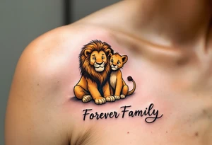 A cartoon-style lion and cub in warm gold and brown tones with “Forever Family” underneath. tattoo idea