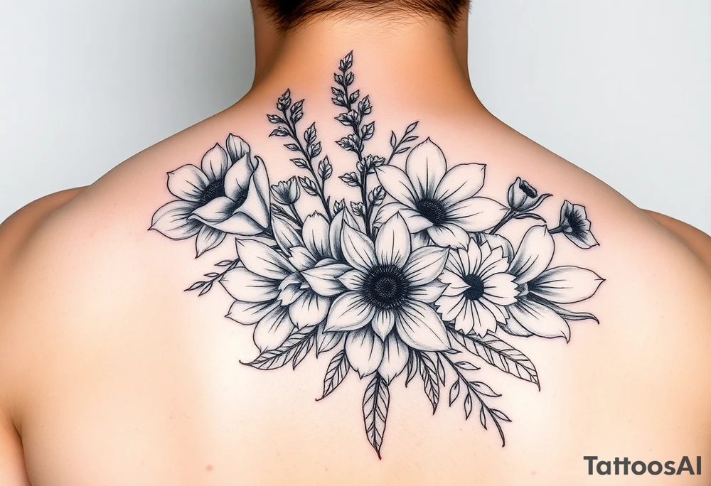 poppy, gladiolus, holly, narcissistic, poinsettia, daisy, and sweet pea flowers in a Bouquet tattoo idea